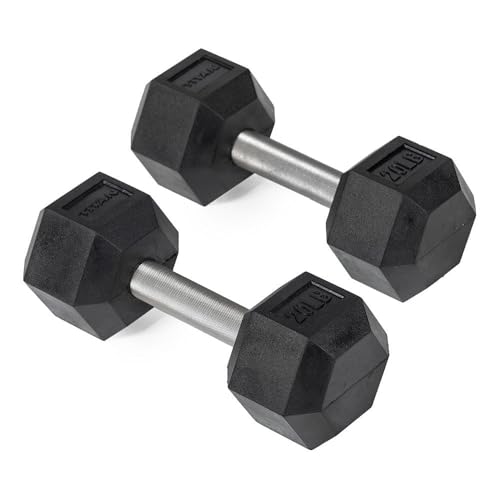 Titan Fitness Free Weights, Rubber Coated Hex Dumbbell, Straight Stainless Steel Handle, Strength Training, Full Body Workout - style: 20 pound