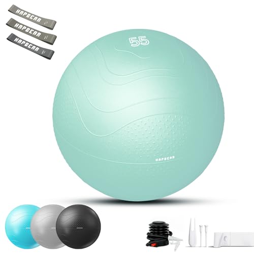 HAPBEAR Exercise Ball (22''/26''/30'') - Anti-Burst Slip-Resistant Yoga/Pilates Ball for Core Training & Posture Improvement, Home Gym/Rehab/Pregnancy Ball, Quick Pump & 3 Resistance Bands Included - color: Green, size: M (19-22IN / 48-55cm)