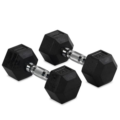 Titan Fitness Pair Rubber Coated Hex Dumbbells, Roll-Resistant Hexagonal Free Weights, Chrome-Coated Handles with Knurling, Strength Training Equipment - style: 15 lb, Pair