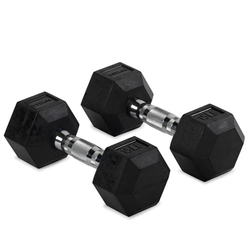 Titan Fitness Pair Rubber Coated Hex Dumbbells, Roll-Resistant Hexagonal Free Weights, Chrome-Coated Handles with Knurling, Strength Training Equipment - style: 15 lb, Pair