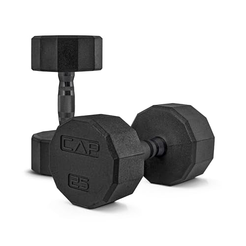 CAP Rubber Coated Dumbbell Weights, Free Weights for Home Gym Strength Training, Anti-Roll Hex Dumbbells with Black, Chrome & Comfort Grip Handles, Pairs & Sets - size: 25 lb - Pair, style: 12-Sided - Black Handle