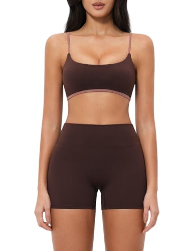 Women 2 Piece Workout Set Color Block Adjustable Spaghetti Strap Sports Bra Tummy Control Active Shorts Yoga Outfits - color: Brown, size: X-Small