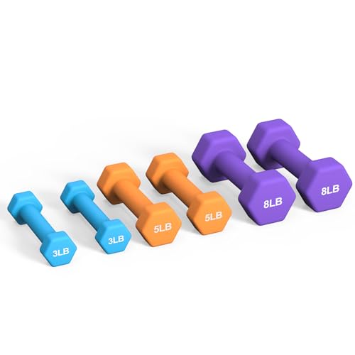 Portzon Weights Dumbbells Set 3, 5, 8, and 10 Pound Neoprene Dumbbell Free Hand Weight Set with Rack, Ideal for Home Exercises, 32 LB, Anti-Slip, Anti-roll, Hex Shape