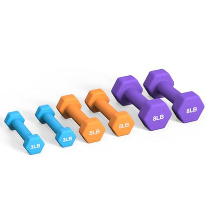 Portzon Weights Dumbbells Set 3, 5, 8, and 10 Pound Neoprene Dumbbell Free Hand Weight Set with Rack, Ideal for Home Exercises, 32 LB, Anti-Slip, Anti-roll, Hex Shape