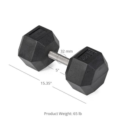 Titan Fitness 65 LB Pair Free Weights, Black Rubber Coated Hex Dumbbell, Straight Stainless Steel Handle, Strength Training, Full Body Workout