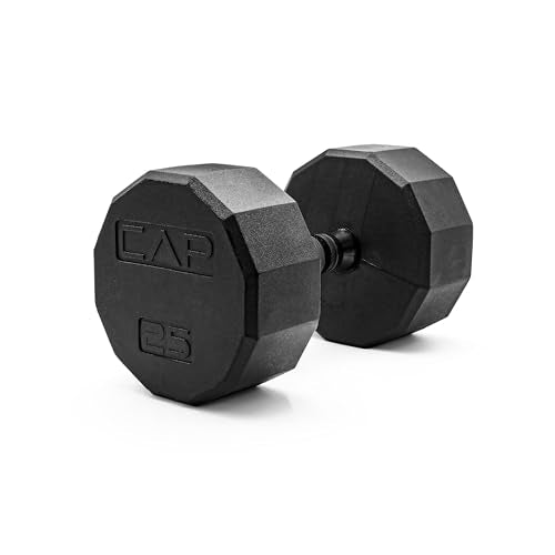 CAP Rubber Coated Dumbbell Weights, Free Weights for Home Gym Strength Training, Anti-Roll Hex Dumbbells with Black, Chrome & Comfort Grip Handles, Singles - size: 25 lb, style: 12-Sided - Black Handle