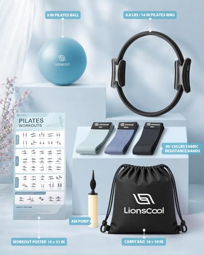LIONSCOOL Pilates Ring Set 14" Magic Circle, 9" Mini Ball, Resistance Bands - color: Black