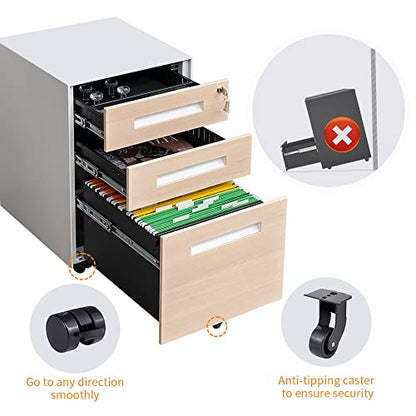 3 Drawer Locking File Cabinet, Under Desk Metal Filing Cabinet for Legal/Letter/A4 File, Fully Assembled Include Wheels, Home/Office Design (White+Cherry)