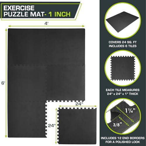 ProsourceFit Weaved Pattern Extra Thick Exercise Puzzle Mat 1-inch, EVA Foam Interlocking Tiles for Protective, Cushioned Flooring for Home and Gym Equipment; Black, 24 SQ FT, 6 Tiles