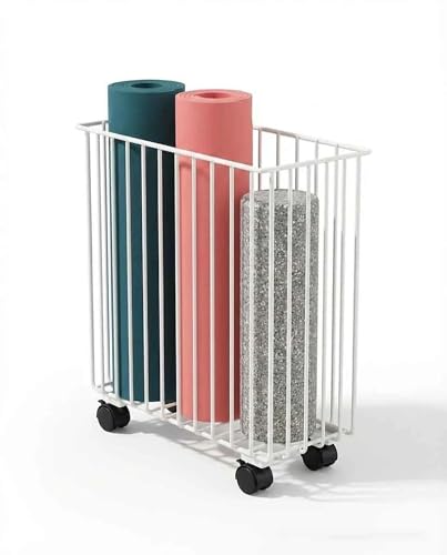 Yoga Mat Storage Rack Basket with Wheels – Home Gym Organizer for Small Apartment & Workout Corner – Slim Metal Rolling Cart Holder for Foam Rollers, Resistance Bands & Exercise(White)