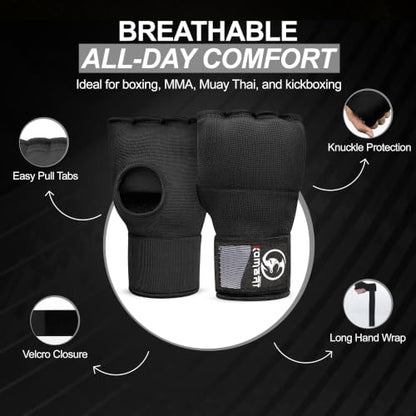 Kombat Gel Boxing Hand Wraps, Padded Inner Gloves for Men & Women, 75cm Quick Wrist Wraps, Knuckle & Wrist Protection for Muay Thai, MMA, Kickboxing, Martial Arts, Punching Training
