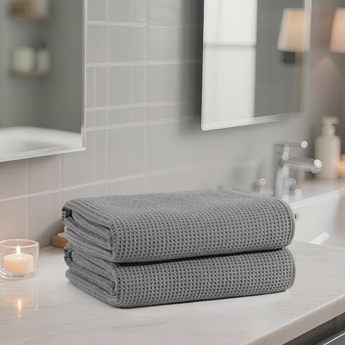 POLYTE 380 GSM Poly Blend Microfiber Quick Dry Waffle Bath Towel, 30x60 in - color: Gray