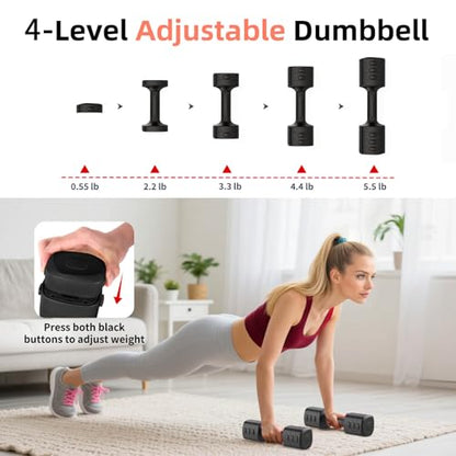2-in-1 Adjustable Dumbbell Set, Upgraded 4 Levels Hand Weights for Women Men, Each 2.2/3.3/4.4/5.5lb, Convertible Weights Dumbbells and Kettlebell Set for Home Gym Exercise & Fitness - color: Black