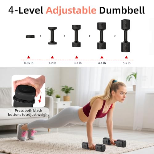 2-in-1 Adjustable Dumbbell Set, Upgraded 4 Levels Hand Weights for Women Men, Each 2.2/3.3/4.4/5.5lb, Convertible Weights Dumbbells and Kettlebell Set for Home Gym Exercise & Fitness - color: Black