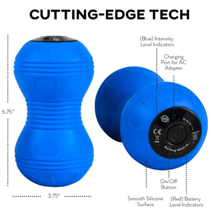 Vibrating Peanut Massage Ball - Deep Tissue Trigger Point Therapy, Myofascial Release - Handheld, Cordless - 4 Intensity Levels - Dual Lacrosse Ball Vibration Massager (Blue)