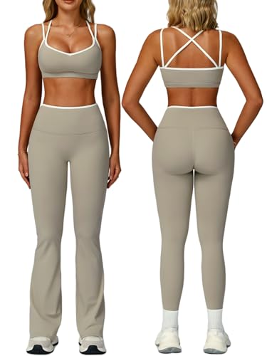 ABOCIW Workout Sets for Women 2 Piece Color Block Strappy Sports Bra High Waist Flare Leggings Gym Yoga Pilates Outfits - color: Khaki, size: Medium