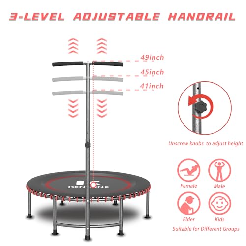 40/48" Low-Impact Rebounder Trampoline for Adults with Bungee, 450/550LBS Quiet Mini Exercise Trampoline with Adjustable U/T-Shaped Foam Handle Bar, Fitness Equipment for Indoor/Gym Workout - size: 40 inch, style: T-Bar