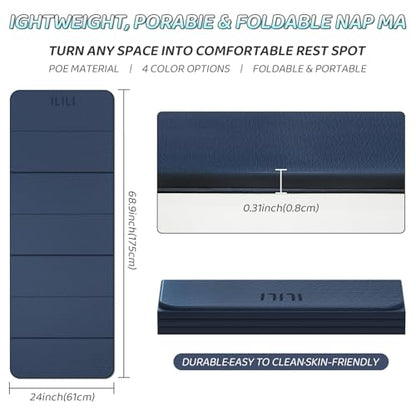 ILILI Foldable Yoga Mat 71 * 24 * 0.3'' - TPE Non-Slip Fitness Mat for Home，Waterproof & Lightweight (2lb) for Home Gym, Pilates & Stretching,Fitness Workouts - color: Dark Blue