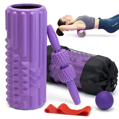 5 in 1 Foam Roller Set, High Density Fitness Exercise Foam Roller for Deep Tissue Muscle Massage, Massage Roller, Massage Ball, Resistance Band, for Whole Body(Purple) - color: Purple