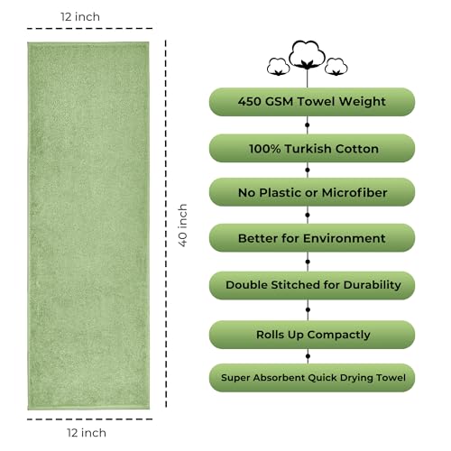 NUKURA 12” x 40” Gym Sweat Towel, 450 GSM, 100% Cotton, High Absorbency, Extra Soft & Quick Dry Workout, Yoga, Fitness, Pickleball, Running Neck Towel – Sage Green