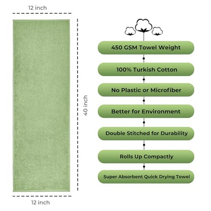 NUKURA 12” x 40” Gym Sweat Towel, 450 GSM, 100% Cotton, High Absorbency, Extra Soft & Quick Dry Workout, Yoga, Fitness, Pickleball, Running Neck Towel – Sage Green