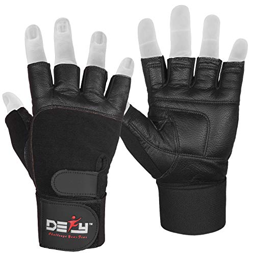 DEFY Padded Weight Lifting Gloves with 13" Long Wrist Wrap Genuine Leather Gym Gloves for Power Lifting, Cross Training, Workout Black