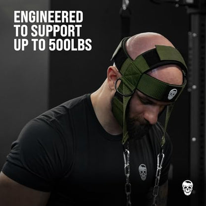 Gymreapers Neck Harness Weight Lifting - Neck Trainer Workout Equipment - Heavy Duty Stainless Steel Chain, Adjustable Neoprene Head Strap, Exercise Equipment for Strength & Pain Relief - color: OD Green