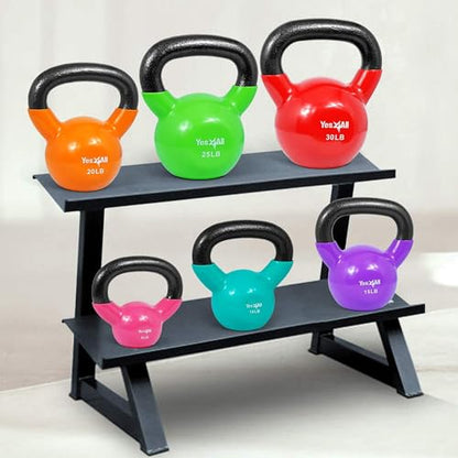 Yes4All Kettlebell, Vinyl Coated Kettlebell Cast Iron Sets with Stable Flat Bottom for Full Body Workout, Push up, Grip Strength Training & Weights Exercises - color: Multicolor, style: 10 - 25lb