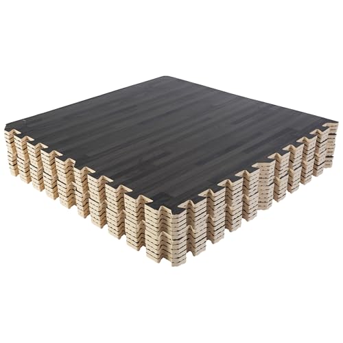 EVA Foam Floor Tiles 12-Pack - 48 SQFT Woodgrain Puzzle Mats for Floor - Interlocking Foam Tiles for Family Room or Gym Flooring by Stalwart (Black) - color: Black Wood Grain, size: 12 Pack