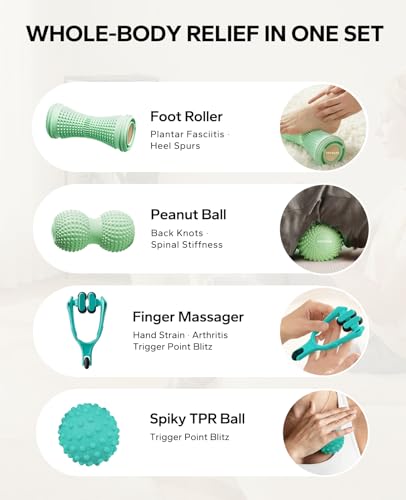 HAPBEAR Massage Ball Set - 4-in-1 Deep Tissue Kit for Plantar Fasciitis Relief, Portable Myofascial Release Tools for Foot/Back/Hand Pain, Hot & Cold Therapy with Storage Bag (4 Piece)