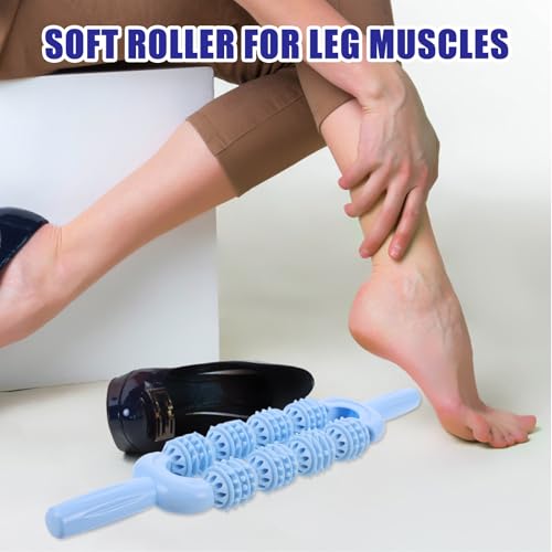 Calf Massager Roller Stick Portable for Muscle Spiky Handheld Leg Muscle Roller for Runners and Athletes Blue 8-Wheel for Workout and Relief