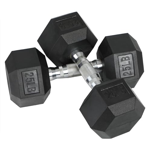 HolaHatha Hexagonal Rubber Dumbbell Weights Set, Home Gym Equipment - style: 25lb Pair