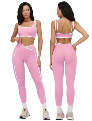 Womens Two Piece Workout Set Spaghetti Straps Color Block Sports Bra Matching High Waist Leggings Gym Work Out Outfits - color: Pink, size: Medium