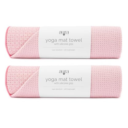 S&T INC. Aura Yoga Mat Towel with Non-Slip Grip, Enhanced Silicone Grip, Soft and Absorbent for Gym, Pilates, and Hot Yoga Mat, 2 Pack, 24 inches x 72 inches, 340GSM, Pink - color: Pink 2-pack