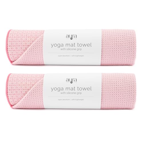 S&T INC. Aura Yoga Mat Towel with Non-Slip Grip, Enhanced Silicone Grip, Soft and Absorbent for Gym, Pilates, and Hot Yoga Mat, 2 Pack, 24 inches x 72 inches, 340GSM, Pink - color: Pink 2-pack