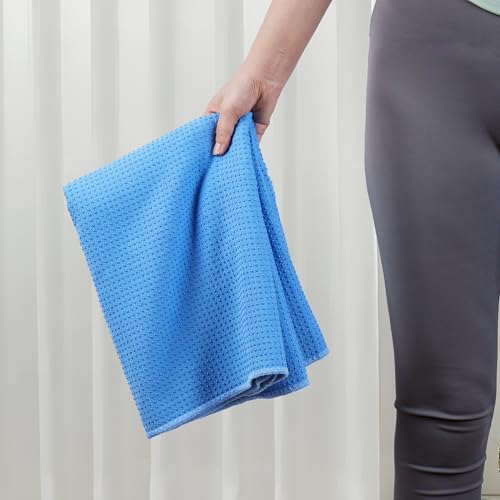 Microfiber Hot Yoga Towel Mat, 24 x 72 inches, with Non-Slip Silicone Grip, Secure Fit Elastic Straps (Blue)