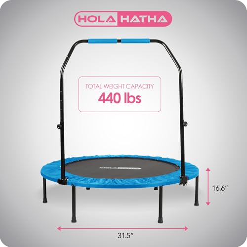 Foldable Mini Trampoline Home Gym Fitness Rebounder with 5 Level Adjustable Handle, Supportive 440 lb Capacity Workout Equipment, 40", Blue