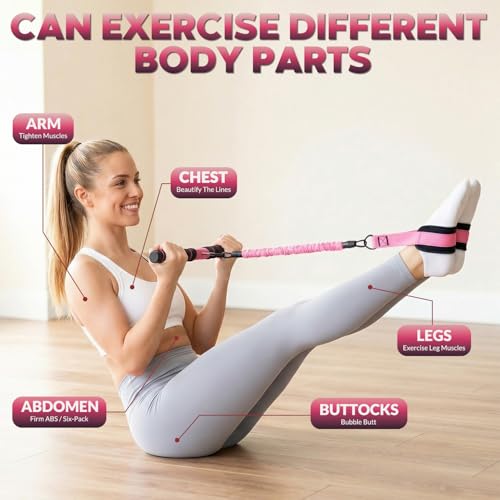 Upgraded Multifunction Pedal Resistance Band with Handle, 3 Tube Adjustable Resistance Bands, Full Body Fitness Exercise Equipment for Abdomen, Waist, Arm, Core/ABS, Leg, Physical Therapy (Pink)