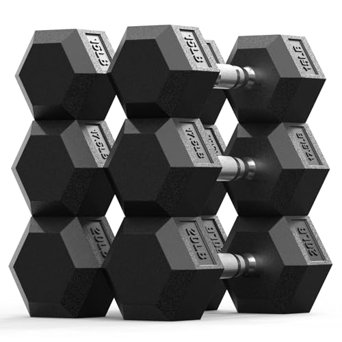 Rubber Encased Hex Dumbbell, Hand Weights with Anti-Slip Cast Iron Grip for Exercise & Fitness, Weights Dumbbells Set of 2 for Strength Training - style: 105 LB SET(15x2,17.5x2,20x2)