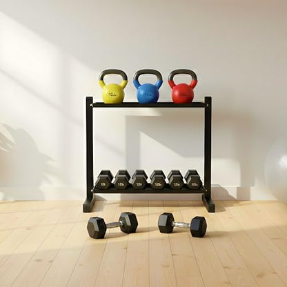 FEBTECH Heavy-Duty 2-Tier gym storage rack for Kettlebells, Compact kettlebell rack design as weight rack for home gym, steel weight storage racks organizer with secure weight holder Black