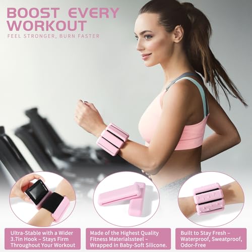 Ankle & Wrist Weights for Women – Adjustable Silicone Wrist & Ankle Weights, Wearable Arm/Leg Set for Pilates, Yoga, Walking & Strength Training (1 or 2lbs Pair Black or Pink)