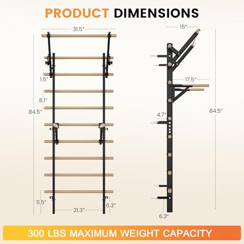 Swedish Ladder Wall Gym, Stall Bar Home Gym with Adjustable Pull-Up Bar, Dip Bar Attachments & 2pcs Resistance Band, 9 Strategic Rods for for Home, School, Hysical Therapy and Gymnastics