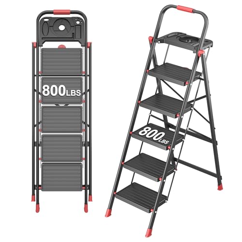 5 Step Foldable Ladder with Multifunctional Tool Tray, Iron, Platform Ladders Stepstools, Folding with Non-Slip Pedals, 800 lbs Bearing Capacity for Adults/Home/Kitchen, Black Red - color: Black Red, size: 5 Step