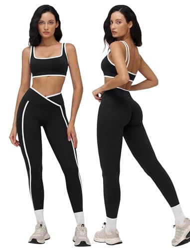 Color Block Workout Sets for Women 2 Piece Gym Yoga Sports Bra Matching High Waist Crossover Leggings Work Out Outfits - color: Black, size: Small