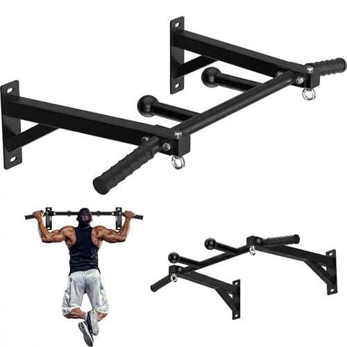 Wall Mount Pull Up Bar, Heavy Duty Steel PullUp Bar Fits Wood Studs, Multi Grip Pull Up Bar with Ball Finger & Round Rings, for Home Gym Garage Basement Strength Training Chin Up Bar