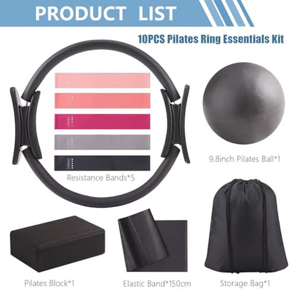 10 Pcs Pilates Equipment Present Pilates Ring Set with Yoga Ring Ball Stretching Strap Risistance Bands Block Gym Bag - color: Black