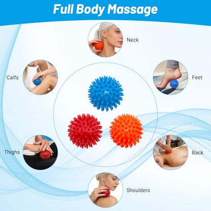 3PCS Spiky Massage Balls Set for Back, Feet, Hands, Muscles, Soft Spiked Massager Rollers for Plantar Fasciitis Relief, Myofascial Release, Acupressure and Stress Relief，2.7 Inch