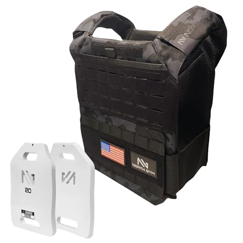 Northgym Adjustable Weighted Vest/Incl. 3D Weight Plates in 14lbs / 20lbs/ 30lbs/ 42.5lbs - Optimized Weight Distribution and with Curved Plates for Running, Functional Training and Working Out - style: Black Camo 42.5lbs