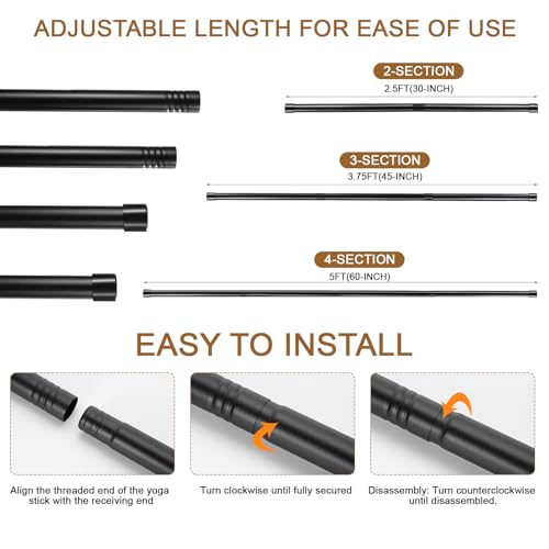 6 Set 5ft Yoga Stick Adjustable Stretching Sticks, Black Exercise Stick with Non-slip Rubber Ends, Posture Corrector Stretch Tool for Mobility Training, Workout, Balance Fitness (Per Set 5ft, Black)