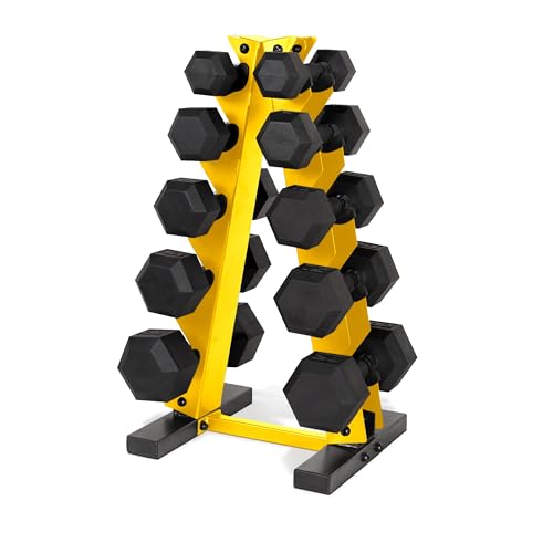 CAP Barbell 150 LB Coated Hex Dumbbell Weight Set with Vertical Rack | Multiple Options - color: Yellow Rack, style: Black Handle
